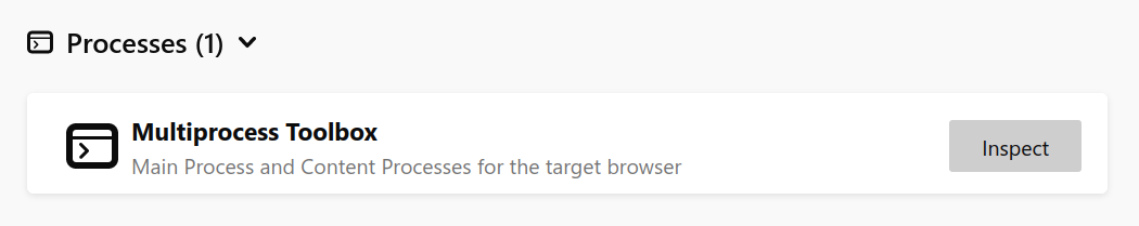 A screenshot of the processes section for the connected browser in about:debugging