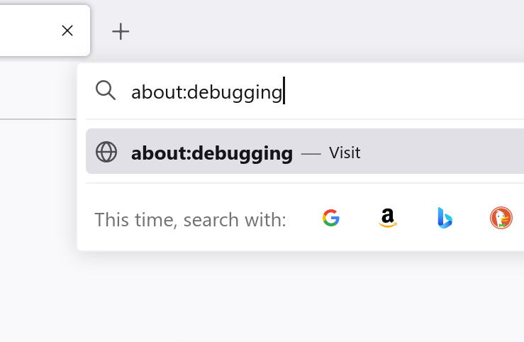 A screenshot of about:debugging typed into the Firefox addressbar